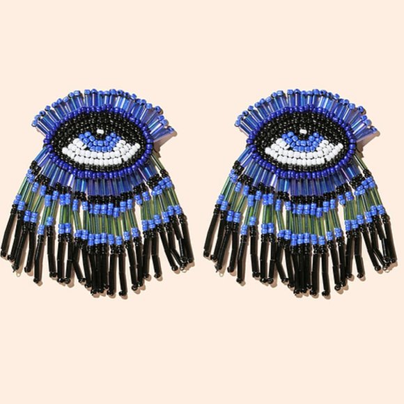 Hand beaded blue eye fringe earrings‎ Boho Funky Cute Party Festival Vacation - Picture 1 of 3